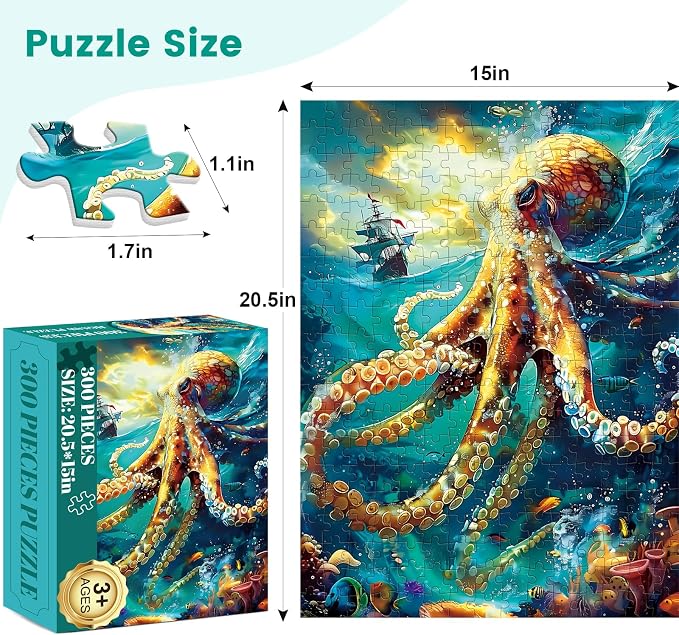 300 Piece Puzzle for Adults, Jigsaw Puzzle, Ocean Sailboat Octopus Jigsaw Puzzles, Funny Family Game and Learn About The Beauty of The Ocean, Friends Family Activity Game Nights Gifts, 20.5x15 in