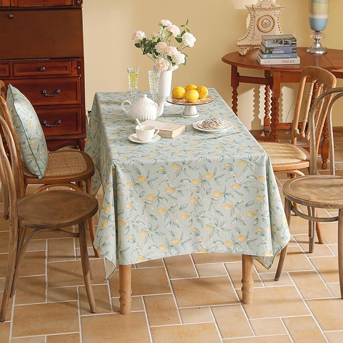 patdrea Designer Linen Green Tablecloth for Rectangle Table,Vintage Breathable Yellow Fruits Pattern Table Cloth,Decoration Cover for Kitchen Dining,Christmas,Thanksgiving,Party,55"x87"-Ania a