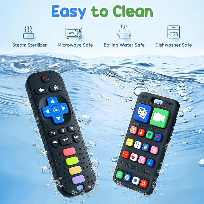2 Pack Baby Teething Toys 3-6 Months, Silicone Phone and Remote Teether Toys for Baby 6-12-18 Months, Sensory Chew Toys, BPA Free Infant Teething Relief for Boys Girls, Baby Birthday Shower Gifts