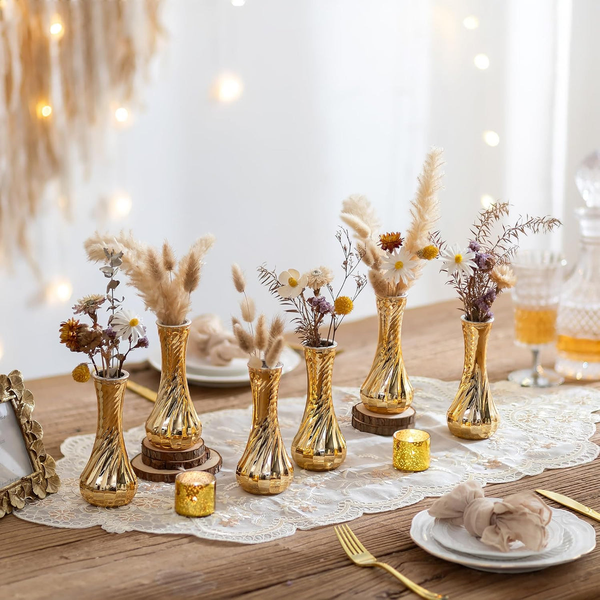 NUPTIO Glass Bud Vase Gold: 12 Pcs Small Flower Vases for Wedding Party Table Centrepiece - Vintage Ribbed Vase for Home Birthday Reception Decorations
