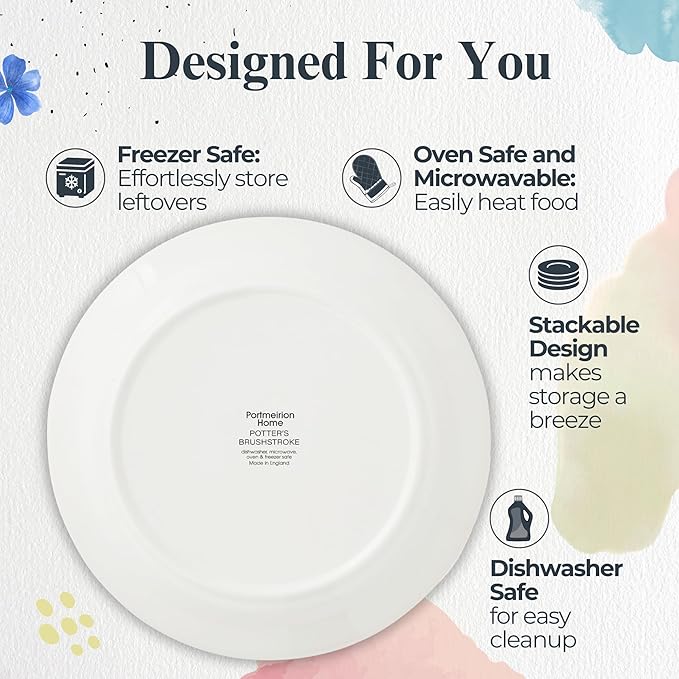 Portmeirion Potter's Brushstroke 10.5" Dinner Plate (Set of 4) - Handcrafted Earthenware Plates with Accent Rim, Microwave & Dishwasher Safe - Ideal Tableware for Modern & Traditional Dining (Grey)