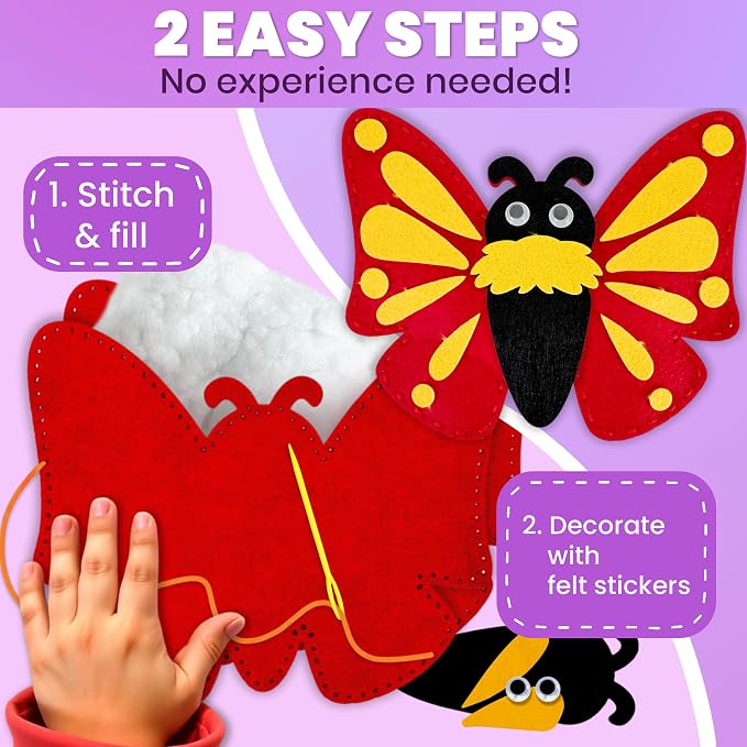QUOKKA Kids Crafts Ages 4-8, DIY Beginner Needle and Thread Kit - 12 Bugs & Insects Sewing Kit Basic - Fun Art Crafts for Kids Ages 6-8 Girls Boys - Plastic Needles, Scissors - 6+ Year Old Girl Gifts