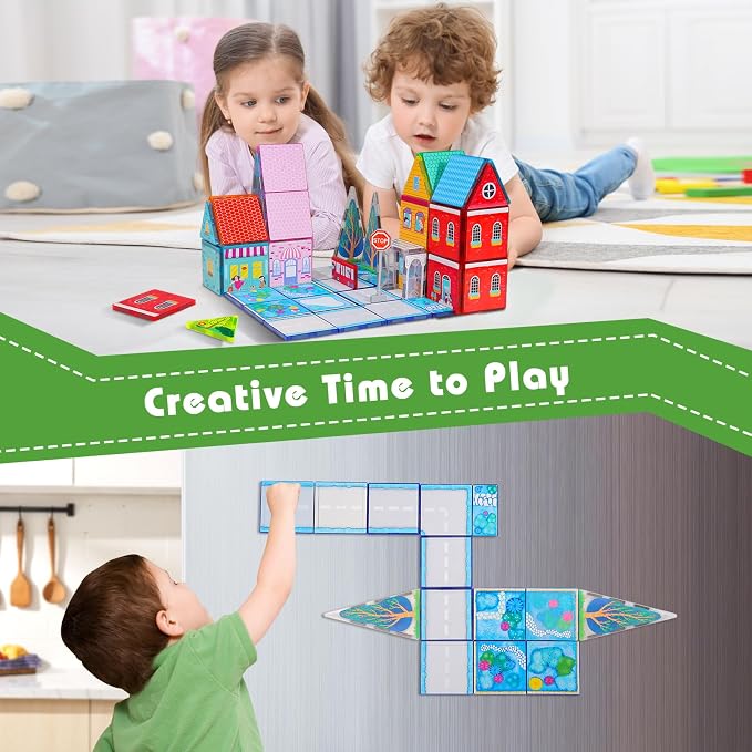 Magnetic Tiles for Kids, Fairytale Town Road Set, Magnetic Blocks Magnet Building Toys for 3-5 4-8 Years Old Boys Girls, Expansion Themed Magnet Educational STEM Creativity Toys 3+ Toddlers Xmas Gifts
