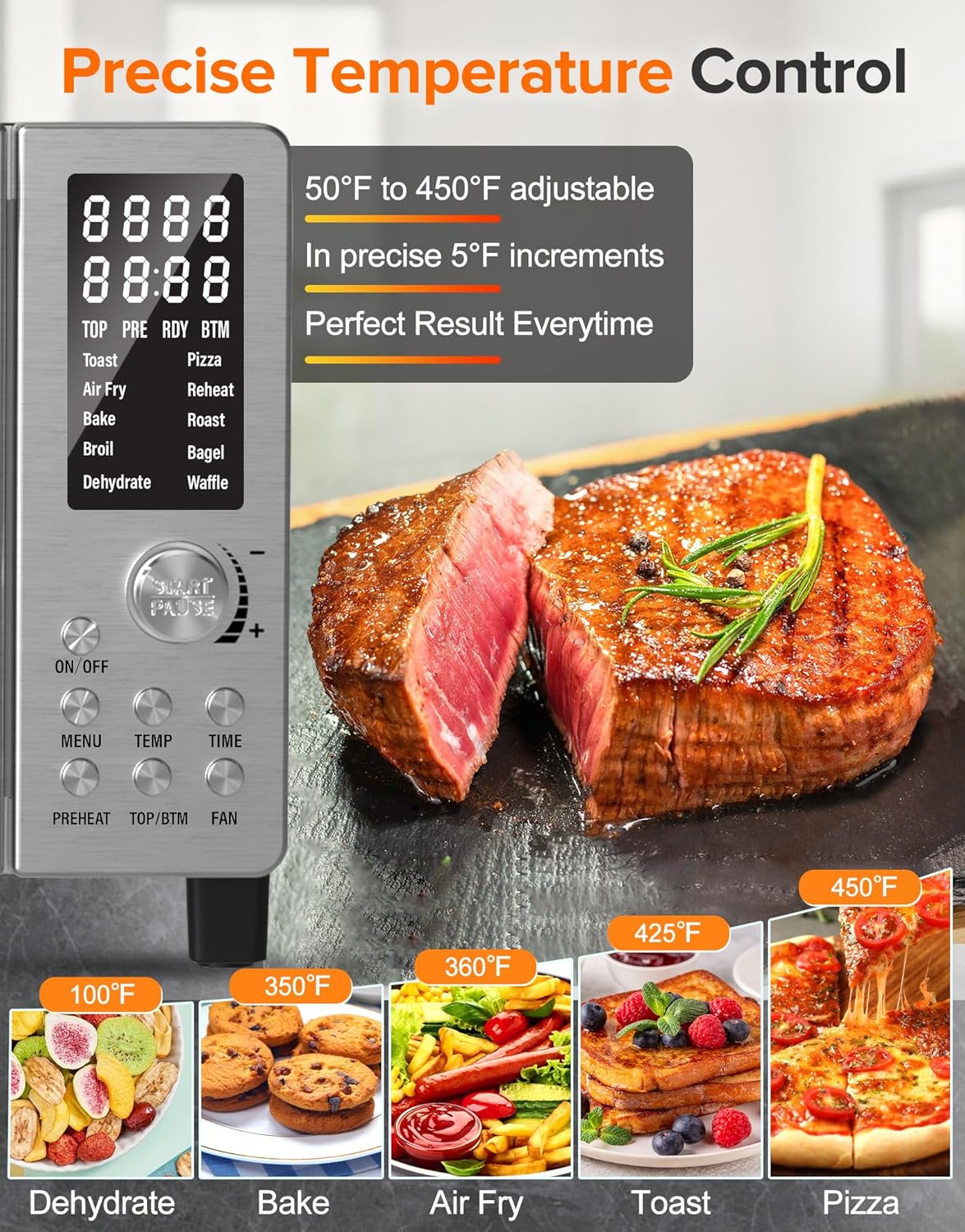 Nuwave Bravo Pro Smart 21QT Toaster Oven Air Fryer Combo, Convection Oven Countertop, 10 functions all in 1, with even & quick crisp technology, 50-450°F, 1800W, Stainless Steel