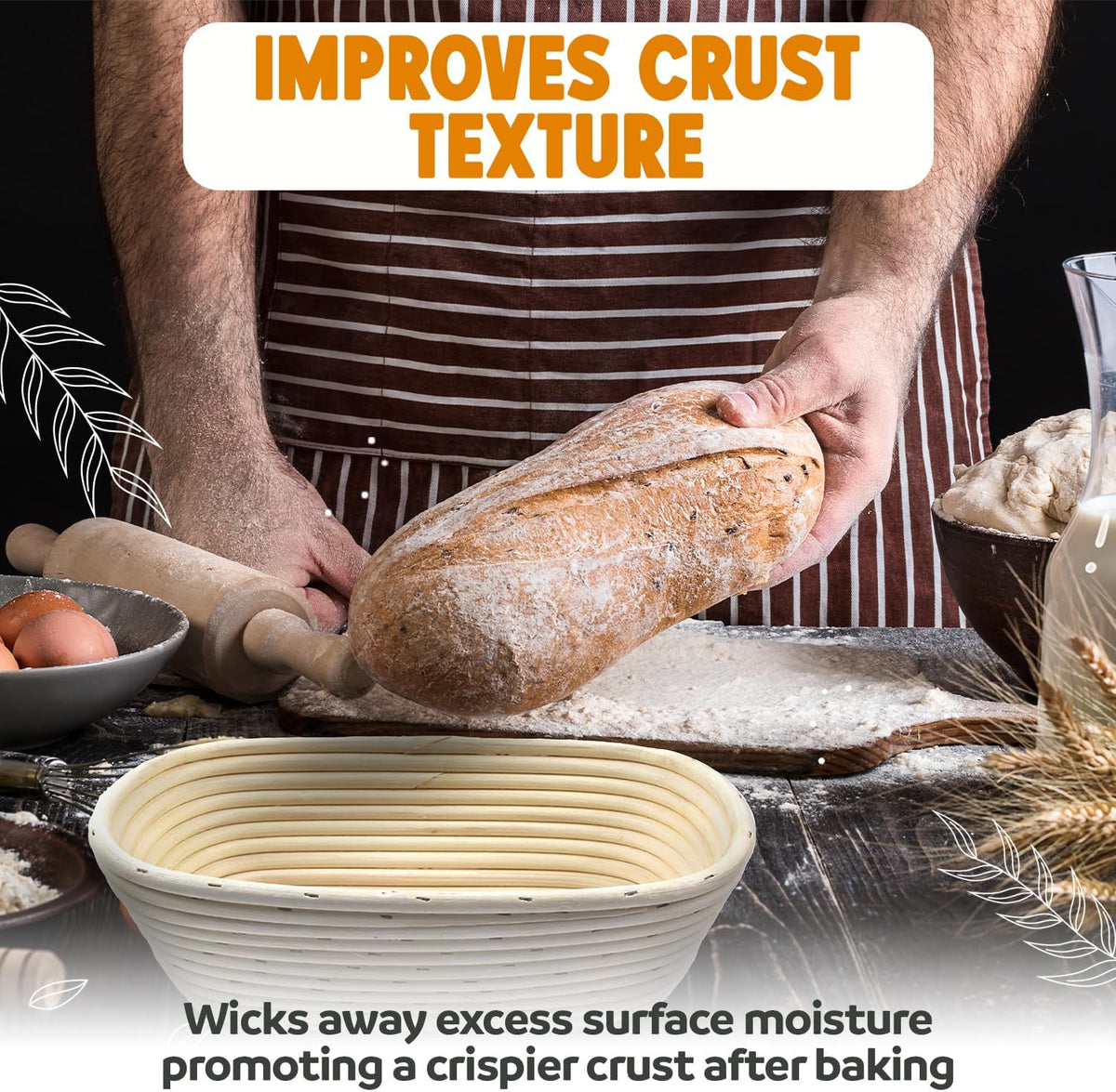 Banneton Bread Proofing Basket Sourdough Proofing for Beginners & Professional Bakers, Handwoven Rattan Cane Bread Maker w/Linen for Artisan Breads, 12.25 x 6 x 3.5 Inch, 2-Lb Rectangular - Set of 2