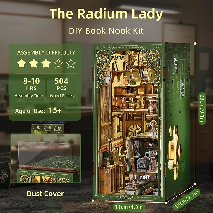 CCCDF Book Nook Kit - 3D Wooden Puzzles for Adults, DIY Scene Miniature Kit, Tiny House Booknook Craft Bookshelf Decor Mini Scale Model, Gifts for Puzzle Lovers (The Radium Lady)