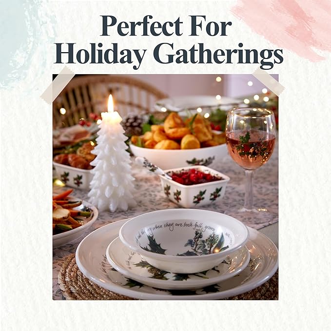 Portmeirion Holly and Ivy 6.5" Cereal Bowls (Set of 6) - Dishwasher & Microwave Safe Round Bowls, Hand-Decorated Earthenware, Everyday Breakfast Bowls for Holiday Dinnerware