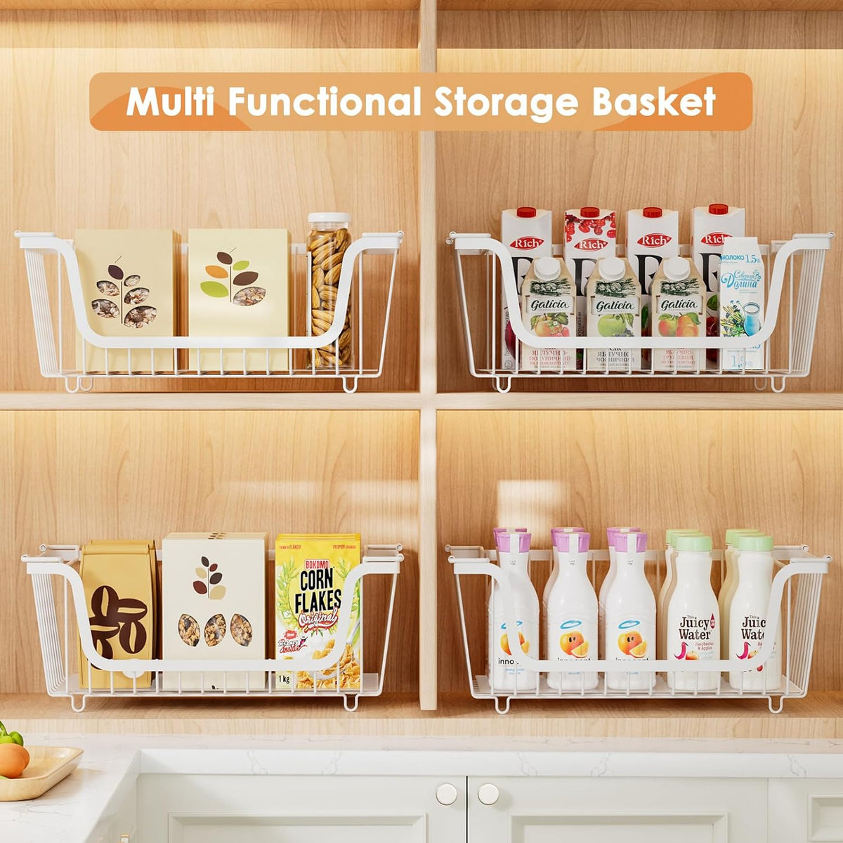 4 Pack Stackable Wire Baskets with Handles for Pantry Organizers and Storage, Fruit and Vegetable wire storage baskets, Potato and Onion Storage Bin, Metal Baskets for Organizing Snacks, Cans (White)