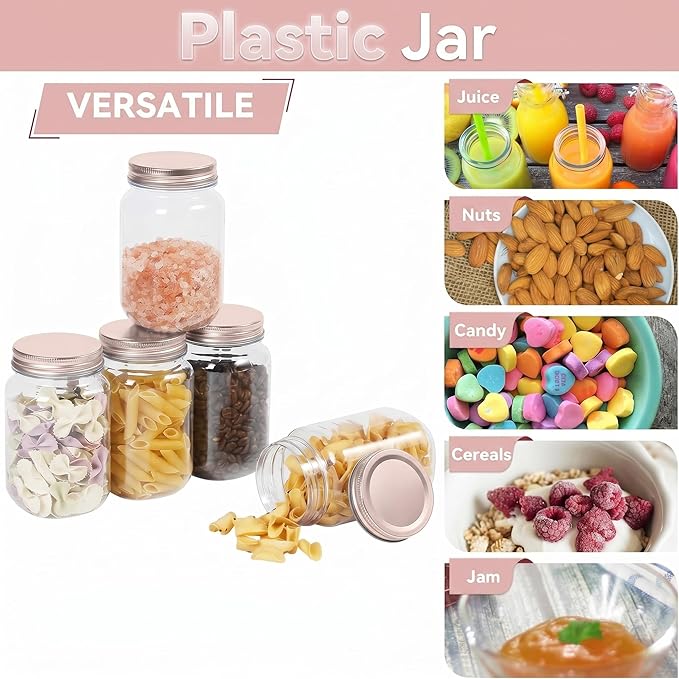 novelinks 16 oz Clear Plastic Jars with Lids, Refillable 16oz Mason Jars with Lids & Storage Containers for Kitchen & Household Use (20 Pack,Rose Gold)