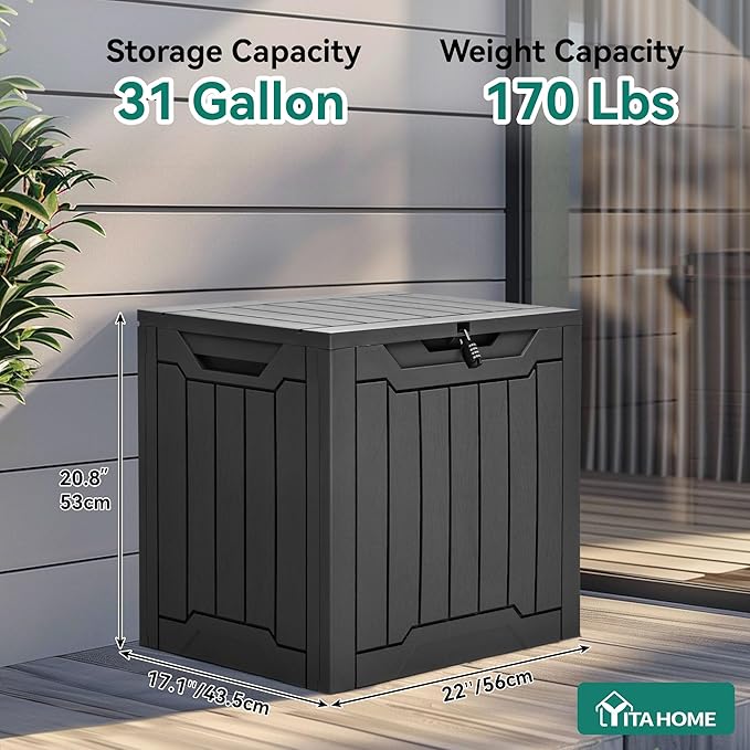 YITAHOME 31 Gallon Resin Deck Box Outdoor Storage Box and Waterproof Package Delivery Box with Lockable Lid for Patio Furniture, GardenTools, Pool Supplies, Black