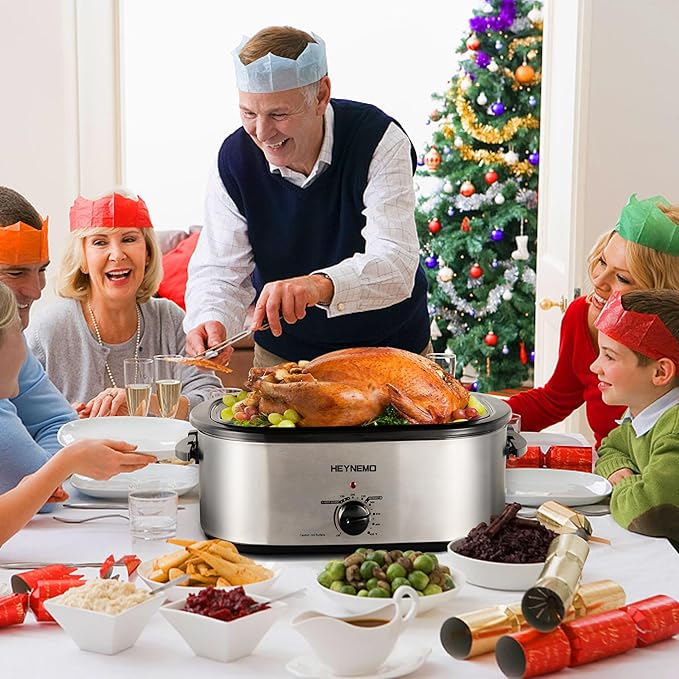 26Qt Turkey Roaster Oven Buffet with Self-Basting Lid, 1450W Electric Roaster Oven with Cool-Touch Handles, Stainless Steel Roaster Oven with Removable Pan and Rack, Silver