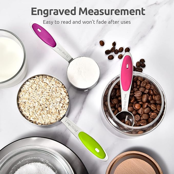 U-Taste Measuring Cups and Spoons Set:18/8 Stainless Steel 10 Pieces Metal Measure set (Multicolors),and 8"+10"+12" Kitchen Cooking Tweezer: 18/8 Stainless Steel Food-Grade Food Tong (Pointed Tip)