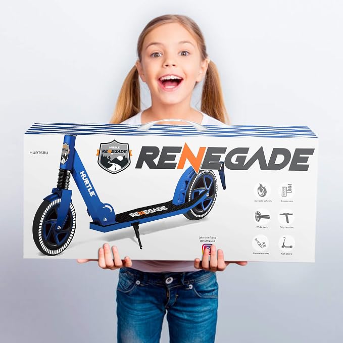 Hurtle Renegade Kick Scooter for Kids, Teenagers & Adults - 2-Wheel Folding Scooter with Adjustable T-Bar Handlebar - Alloy Anti-Slip Deck