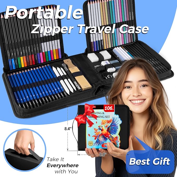 106 Pack Art Supplies Sketching Kit with 3-Color Sketchbook, Coloring Book, Tutorial, Graphite Colored Charcoal Watercolor & Metallic Pencils, Drawing Supplies Gift Case for Artists Beginners Adults