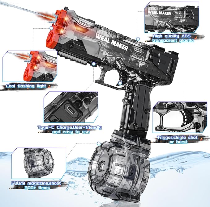 2Packs Electric Water Guns with LED Flash and USB-C Charging, Designed for Epic Aquatic Fun, Automatic Squirt Guns 25-30 FT Range, Outdoor Summer Toys for Backyard Water Theme Party Fun