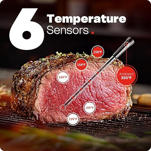 Smart Wireless Meat Thermometer with Ultra-Thin Probe, 6 Sensors Accuracy Digital Food Thermometer 0.5S Instant Read, IP67 Waterproof for BBQ, Grill, Smoker, Oven, Air Fryer,Red