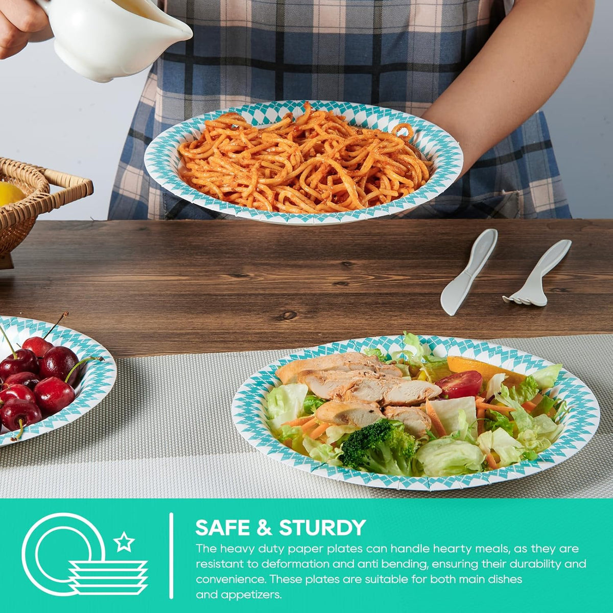 JOLLY PARTY 8.37 inch Disposable Paper Plates, 360 Count Dinner Plates, Soak Proof, Cut Proof for Everyday Use, Blue Diamond Pattern Rim Design