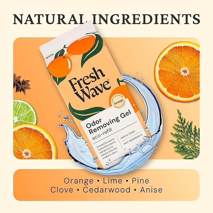 Fresh Wave Odor Removing Gel Eco-Refill, 63 oz. Orange Scent | 2 Empty Refillable Glass Jars | 2 Room Set