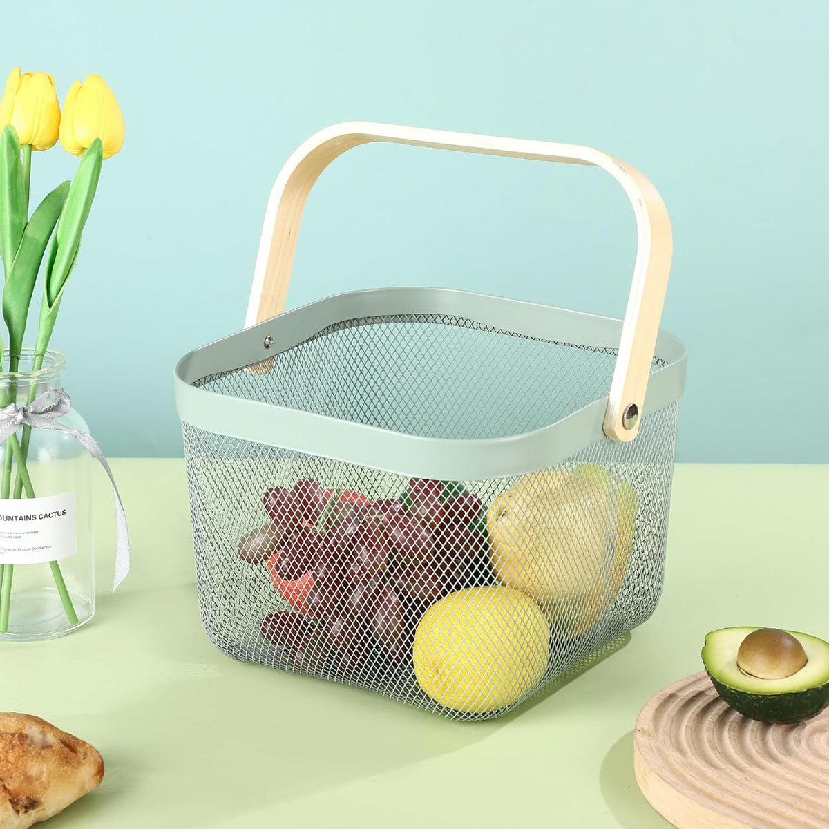 Metal Mesh Steel Basket, Storage Organizer Basket Multi-functional Hanging Kitchen Basket Fruit Basket Bin with Bamboo Handle, 9.84 x 10.2 x 7 inch, Mint Green