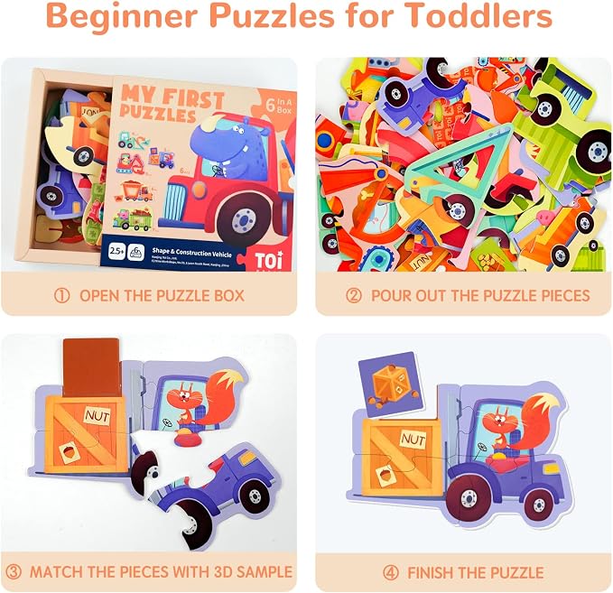 Toi 6 Packs Large Piece Toddler Jigsaw Puzzles for Kids Aged 2.5+, Animal Shaped Floor Puzzles for Beginner, Preschool Learning Game for Boys Girls, Shape Vehicle