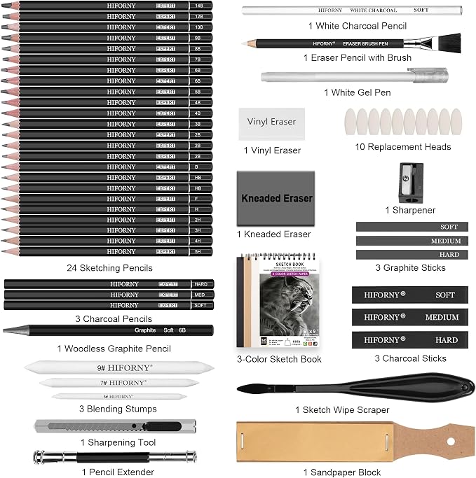 HIFORNY 58 PCS Drawing Kit Sketching Pencil Set,Sketch Pencils Art Supplies with 3-Color Sketchbook,Graphite,Charcoal,Blending Tools,Drawing Pencils for Adults Artists