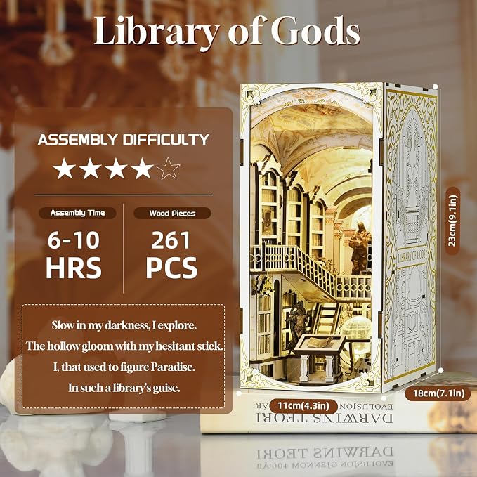 MiniCity DIY Book Nook Kit for Adults, 3D Wooden Puzzle Bookend Bookshelf Insert Decor with LED Light and Dust Cover (Library of Gods)