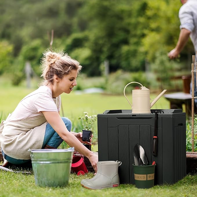 Flamaker Deck Box 31 Gallon Waterproof Resin Small Deck Box with Lid, Indoor Outdoor Package Delivery Box, Organization and Storage for Patio Furniture, Garden Tools, Outdoor Cushions (Black)