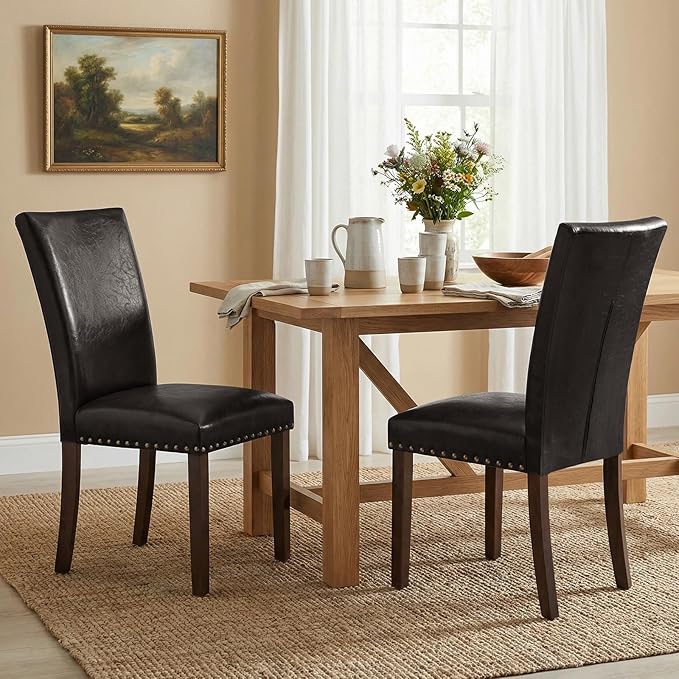 Furniliving Upholstered Dining Chairs Set of 2 - PU Leather Modern Farmhouse Kitchen Chairs, High-Back Dining Room Chairs with Wooden Legs for Kitchen Dining Room Living Room.Brown