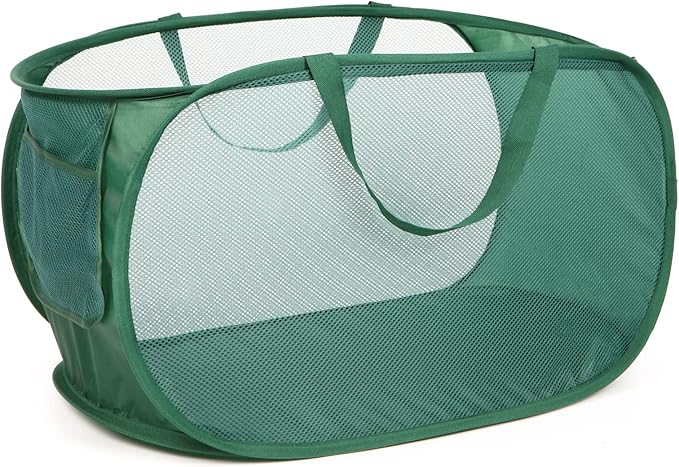 Sturdy Mesh Pop Up Laundry Hamper, Collapsible Laundry Baskets with Side Pocket, Foldable Clothes Hamper with Reinforced Carry Handles for Laundry, Bathroom, Kids Room, Dorm or Travel Emerald