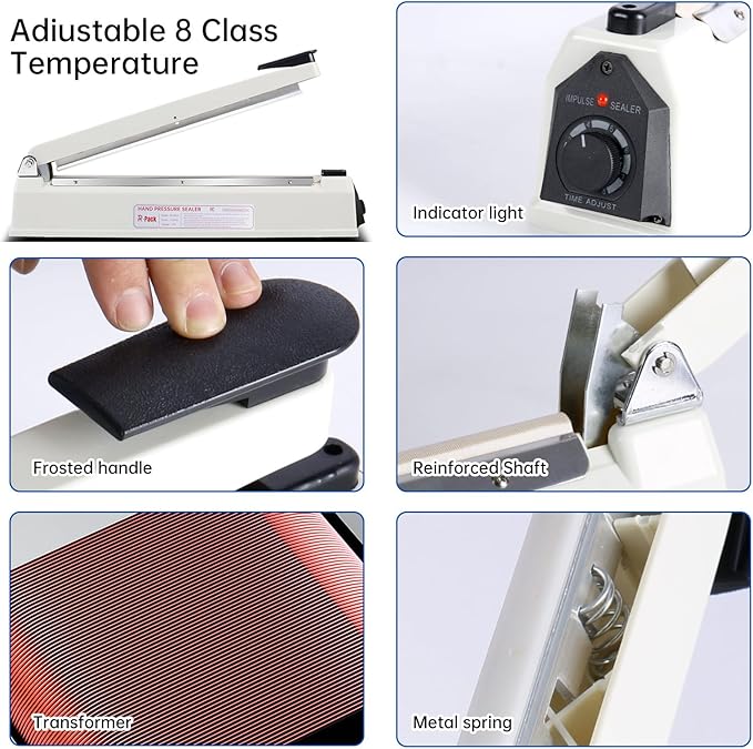 Impulse Heat Sealer with Hot Cutting Wire, Heavy-Duty Bag Sealing & Cutting Machine, 2 Extra Replacements (White, 8-Inch)
