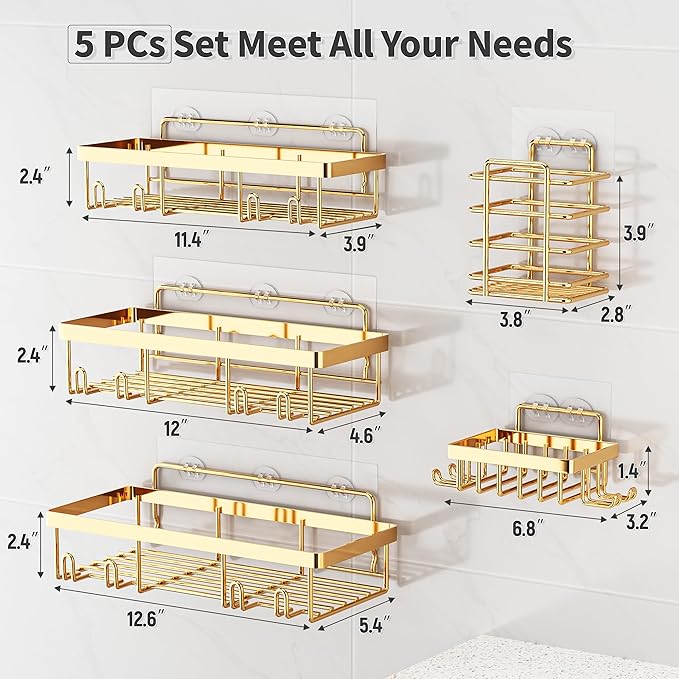 5 Pack Shower Caddy Organizer Rack Shelf for Inside Shower, Self Adhesive Wall Storage Basket Rustproof Stainless Steel Shampoo Holder Bathroom Accessory Decor Set, Gold