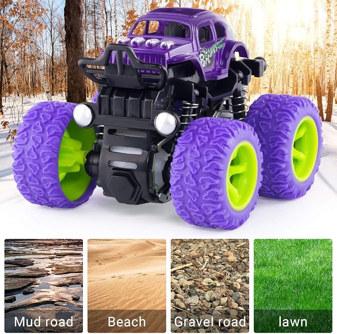 Lonandy Monster Truck Toys for Boys - Push and Go Inertia Stunt Car Toys for Toddlers Kids Age 3-8, Friction Powered Toy Cars Best Christmas Birthday Party Gift for Boys Girls 4 Pack