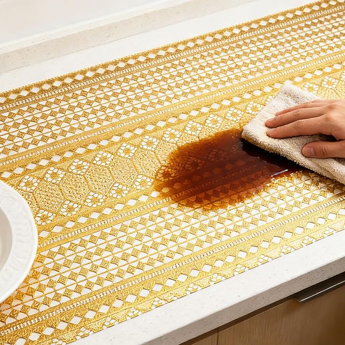 Drawer and Shelf Liner - Gold Geometric Lace Pattern,Non Adhesive Non Slip Waterproof Easy-Clean Shelf Liner for Kitchen Cabinet, Refrigerator, Bathroom, Pantry Storage Drawers, 12 in x 20 Ft