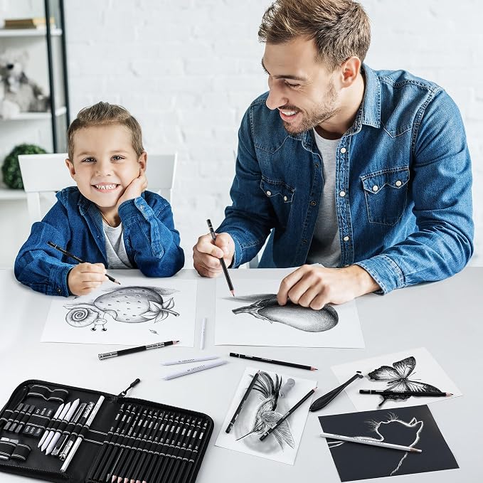 HIFORNY 42 PCS Drawing Set, Sketching Kit with Graphite & Charcoal Pencils, Blending Tools, Erasers & Accessories, Portable Zippered Travel Case for Artists & Beginners