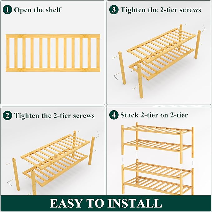 Smiry Shoe Rack, 4 Tier Thick Bamboo Shoe Organizer, Stackable Free Standing Wooden Shoe Storage Shelf for Closet, Entryway, Front Door Entrance, Natural