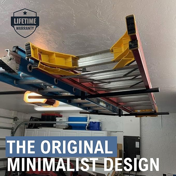 StoreYourBoard Adjustable Overhead Ladder Rack – Garage Organizer Ladder Shelf for Step & Extension Ladders - Storage Racks and Shelving for Garage Organization - Ceiling Mounted - Holds 150 lbs