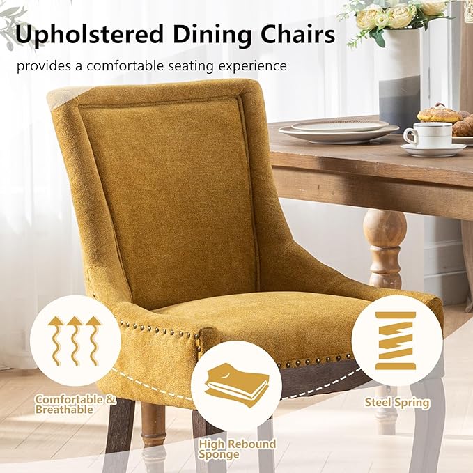 Modern Dining Chairs Set of 6, High Back Dining Chairs Side Chairs with Solid Wood Legs, Upholstered Fabric Dining Room Chairs for Dining Room Kitchen, Yellow