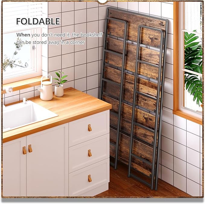 4NM No Assembly Extra Wide 5 Tiers Folding Bookshelf Storage Shelves Vintage Bookcase Standing Racks Study Organizer Home Office (Rustic Brown Black)