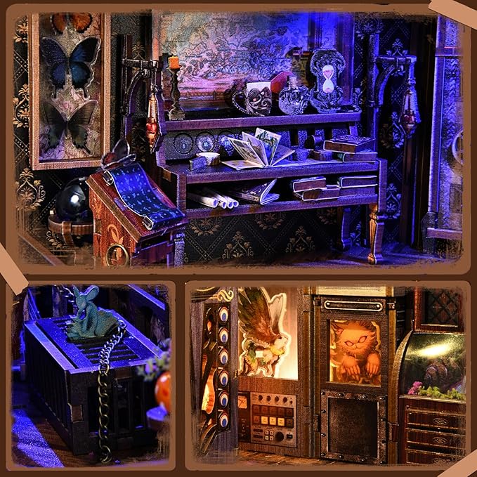 Book Nook DIY Kit,Mysterious Creature Diorama 3D Wooden Puzzle with LED,Bookend Bookshelf Decoration,Miniature Doll House for Home Decor,Chamber of Stranger Beasts