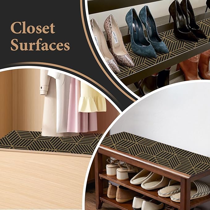 Shelf Liners for Kitchen Cabinets 12in x 30FT, Non Adhesive Cabinet Liner Strong Non-Slip Black Gold Geometric Drawer Liner, Easy to Clean for Shelf, Cabinet with Knife and Tape Measure