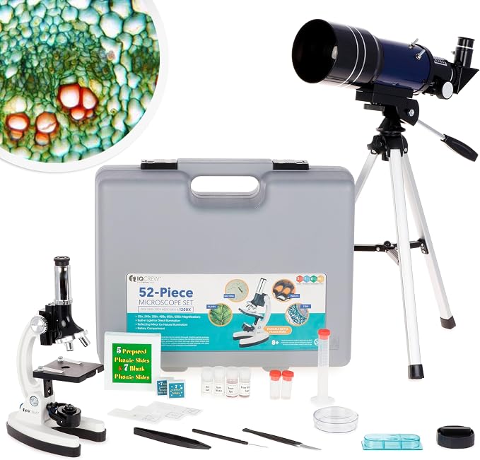 AMSCOPE-Kids 120X-1200X White Metal Arm Starter Kids Student Microscope Kit and Compact Refractor Telescope with Tripod - M30-ABS-KT2-W-TKVB1