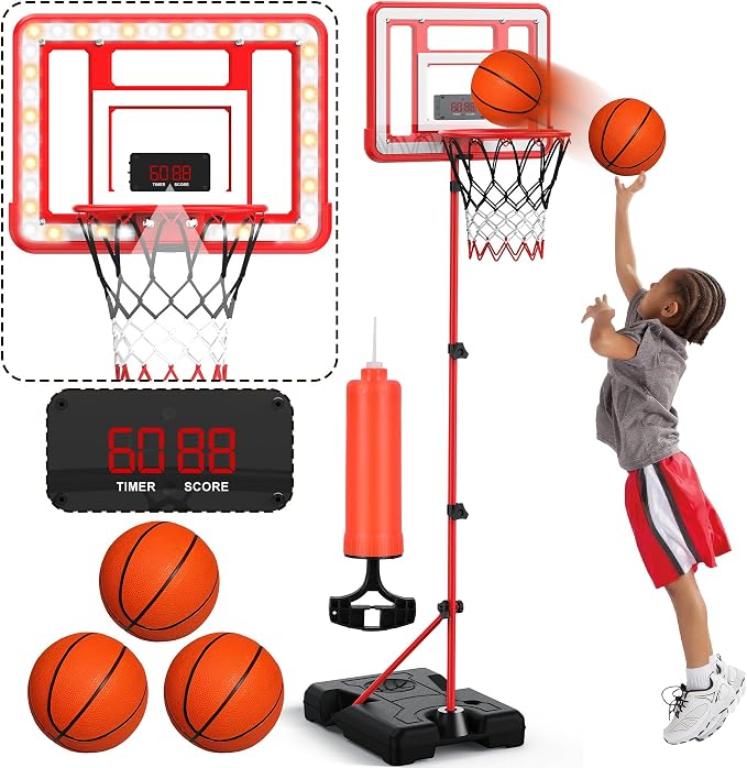 Kids Indoor Basketball Hoop with Scoreboard & Timer,Toddler Adjustable Height Basketball Goal Toy for Outdoor Backyard,Sports Game Play