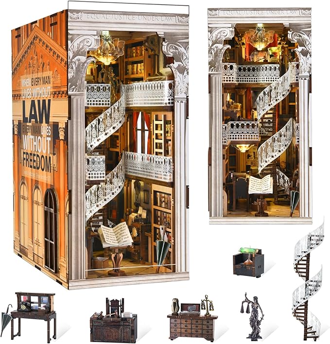 MiniCity DIY Book Nook Kit, Miniature Dollhouse Booknook Kit, 3D Wooden Puzzle Bookend Bookshelf Insert Decor with LED Light for Teens and Adults (Law Library)