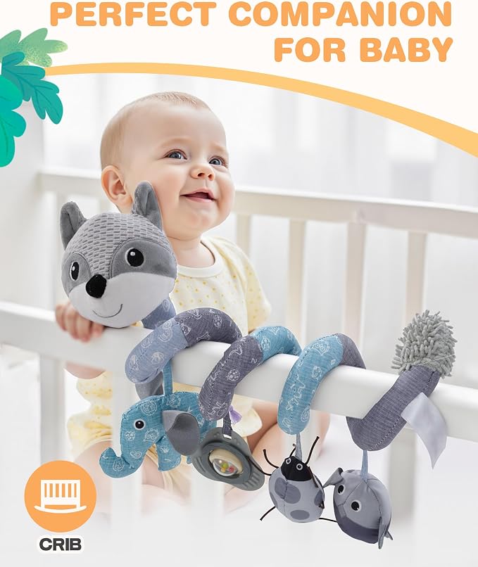 Jollybaby Crib Stroller Car Seat Toys for Baby 0-3-6-9-12 Months, Tummy Time Hanging Sensory Toys for Newborn with Music Box and Teether, Spiral Carseat Toy for Infant Boys Girls Gift (03-Orange Fox)