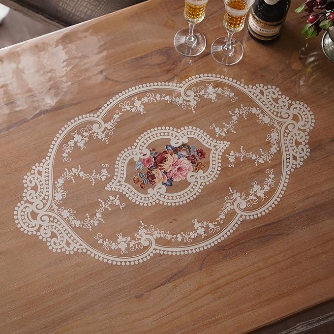 Clear Table Cover Protector Plastic Vinyl Table Cloth with White Lace Pattern Oil Spill Proof Plastic Tablecloths for Dining Tables Parties Holidays (French Lace, 60 x 104 Inches)