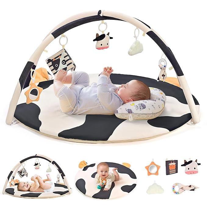 2PM SPORTS Cow Theme Baby Play Mat, Tummy Time Mat for Infant Newborn, Baby Play Gyms & Playmats for 0-3 3-6 6-12 Months, Activity Mat 5 Detachable Toys, Non Slip Gym Mat Easy to Install & Clean