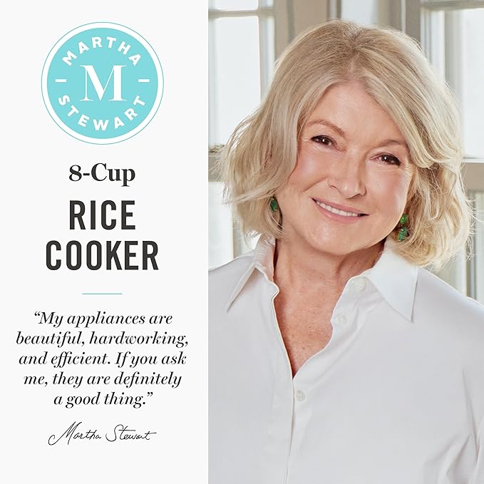 Martha Stewart Rice Cooker, 4 Cup (Uncooked) / 8 Cup (Cooked), Ceramic Non-Stick Removable Pot, Keep Warm, Measure Markings, Steam Basket, Brown & Sushi Rice, Quick Cook, Quinoa, Grains, Oats, Sky Blue