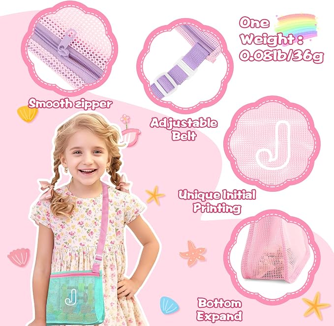 3Pcs Personalized Kids Beach Shell Bag, Initial Seashell Mesh Zipper Beach Pouch, Shell Collecting Bag for Holding Shells with Adjustable Straps, Sand Toys Swim Pouch Gift for Girl Boy Teens(Letter J)