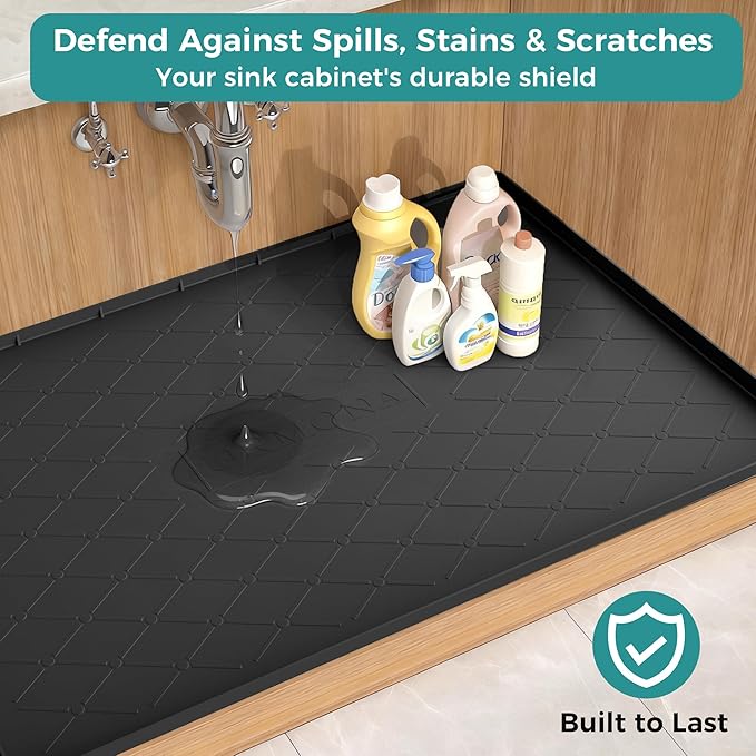 URMONA 22" x 22" Waterproof Silicone Mat in Multiple Sizes & Colors, Under Sink Mat for Kitchen & Bathroom, Pet Food Pad for Dogs & Cats, Kitchen Cabinet Liner, Multi-Purpose for Storage(Black)