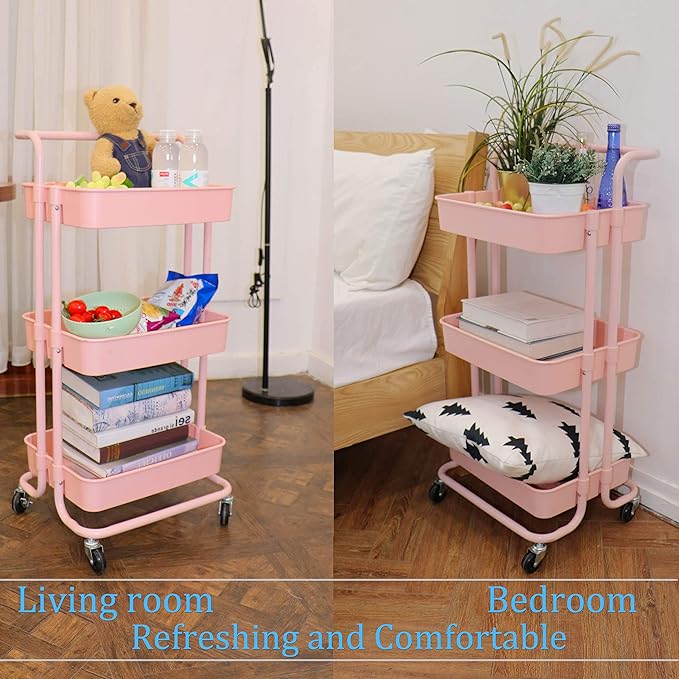 3 Tier Utility Rolling Cart Multifunction Organizer Shelf Storage Cart with 3 Pieces Cups and 8 Pieces Hooks for Home Kitchen Bathroom Laundry Room Office Store etc. (Pink)